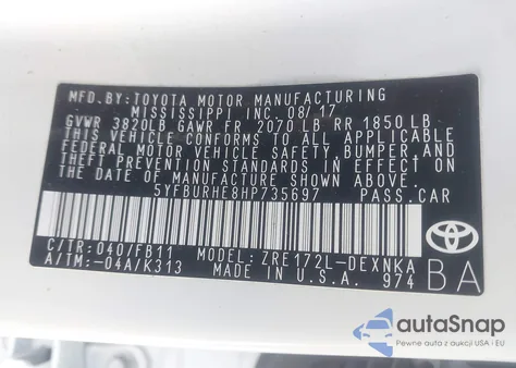 2017 Toyota Corolla Le z USA, uszkodzony, nr VIN 5YFBURHE8HP735697